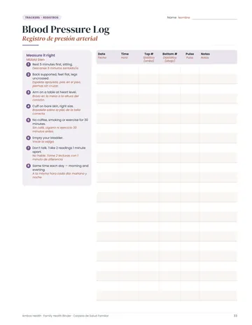 Blood pressure log page