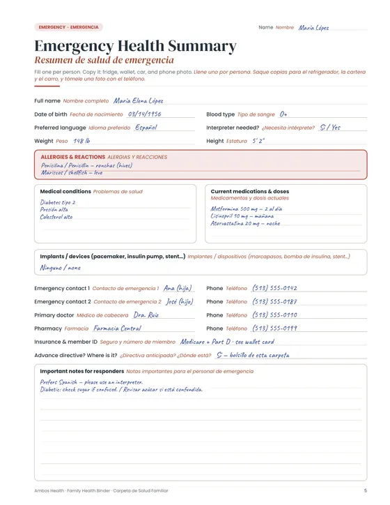 Emergency Health Summary filled in